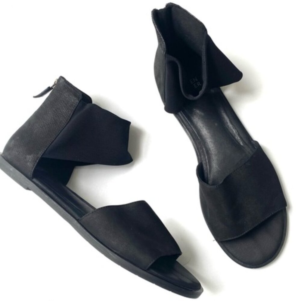 Eileen Fisher Black Leather Suede and Mesh Open-Toe Flat Sandal Back Zip Sz 9
